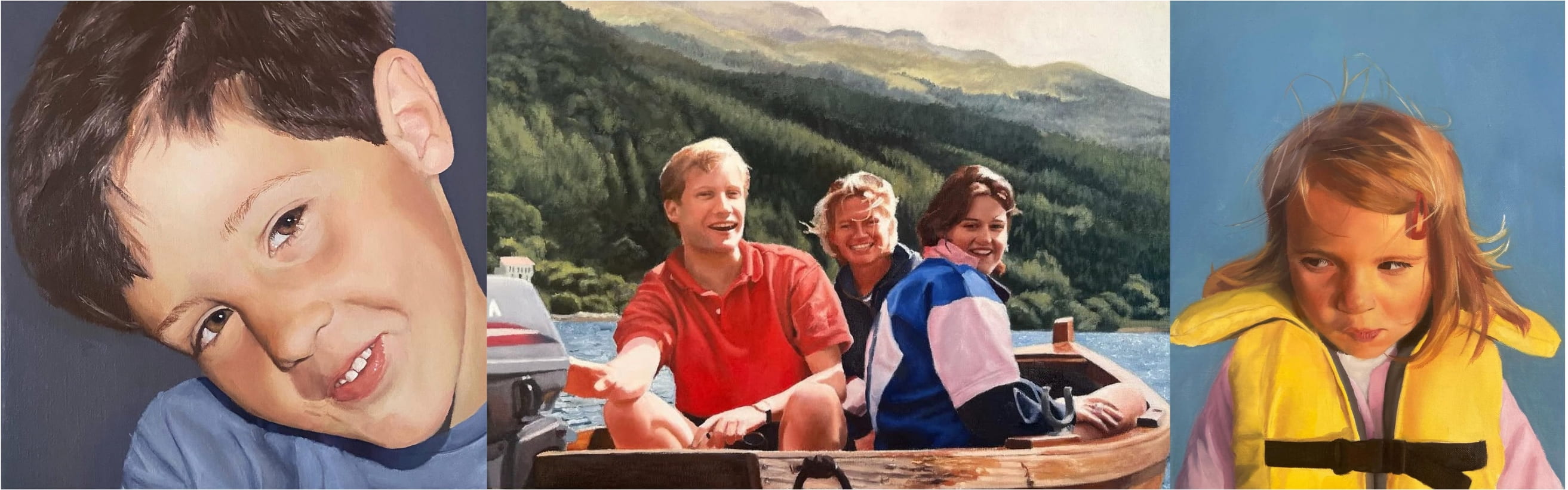Three paintings: a young boy's portrait, a group portrait on a lake, and a girl's portrait in a lifejacket