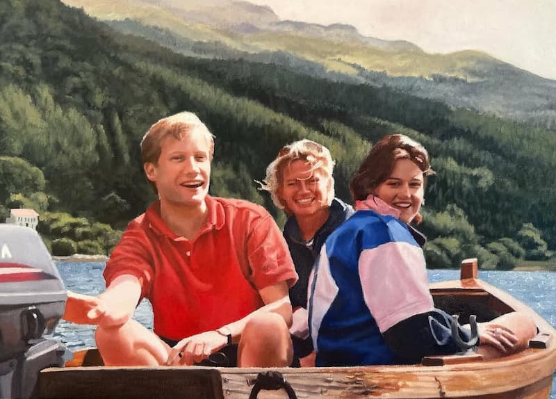 Oil painting of three friends in a wooden boat on a lake, mountains behind.