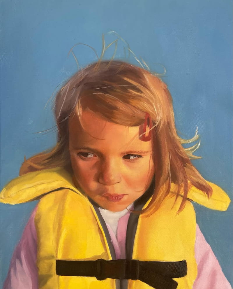 Oil portrait of a girl in a yellow lifejacket.