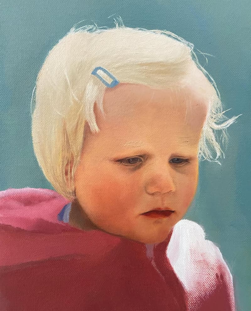 Oil portrait of a blonde toddler in a pink coat.